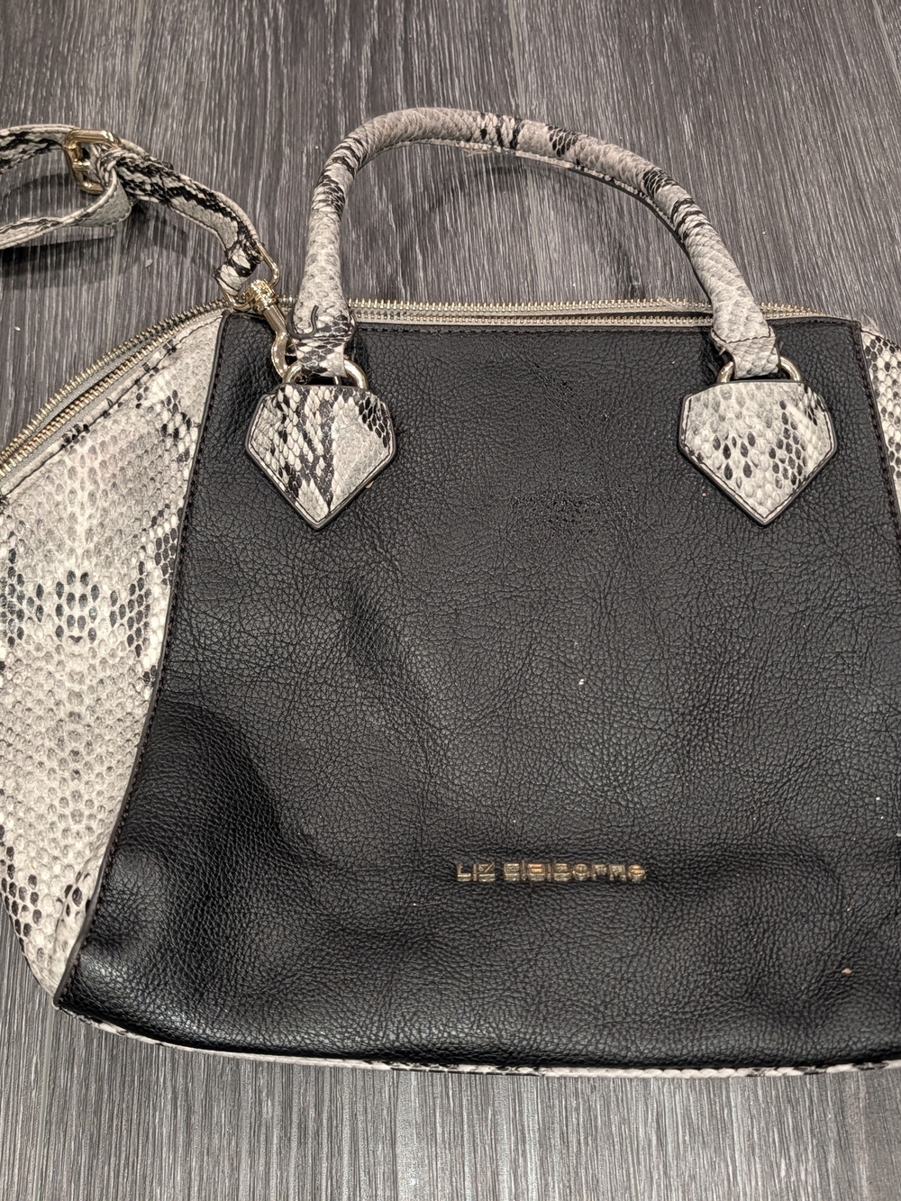 Liz Claiborne Black with Snakeskin-Trim Satchel